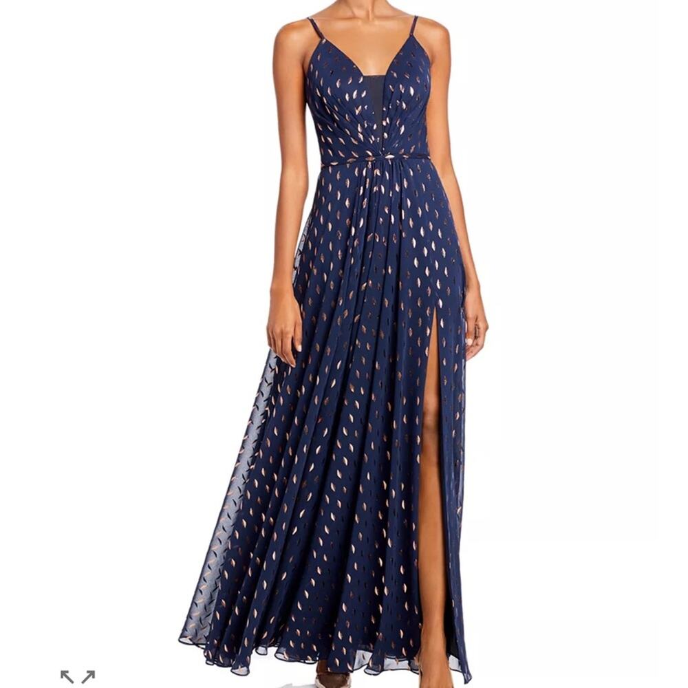Aqua Navy Blue & Metallic Gold Halter Maxi Dress Gown Size 0